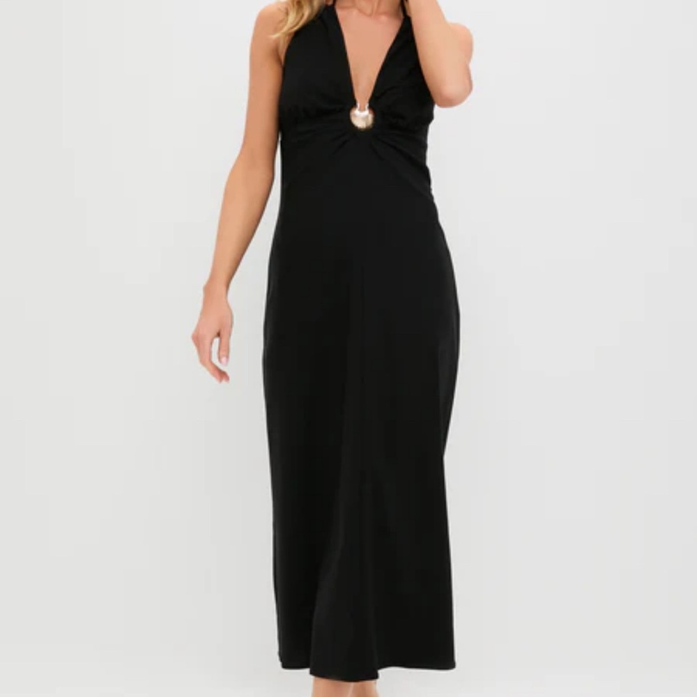 Backless Black Halter Maxi Dress with Plunge Neck